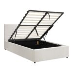 Oikiture Bed Frame King Single Gas Lift Storage Base White Boucle