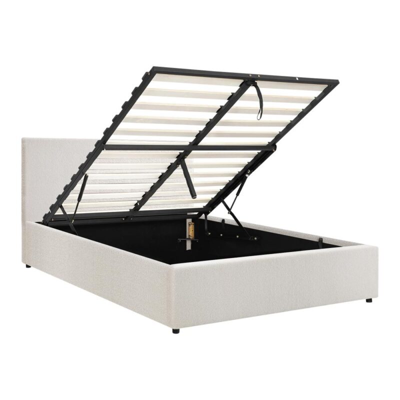 Oikiture White Boucle Gas Lift Bed Frame with Storage Solution