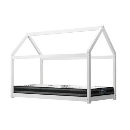 Oikiture Kids Bed Frame with Single Mattress House Style White