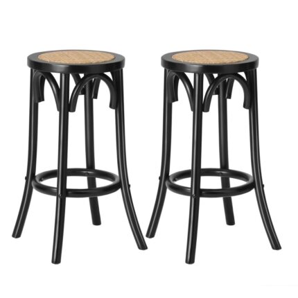 Oikiture Wooden Bar Stool 2pc Rattan Dining Chair Black