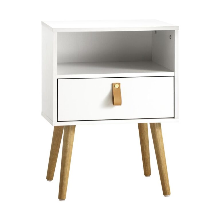 Oikiture White Bedside Table with Leather Handle for Storage