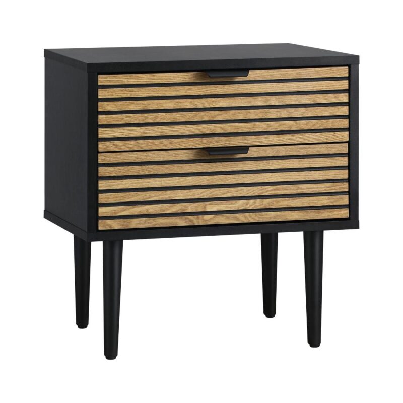 Oikiture Modern Black and Wood Bedside Table with 2 Drawers