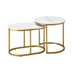 Oikiture Set of 2 Coffee Table Round Oval Marble Nesting Gold