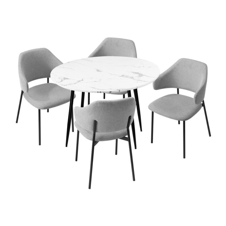 Oikiture Grey Round Dining Table Set with 4 Fabric Chairs
