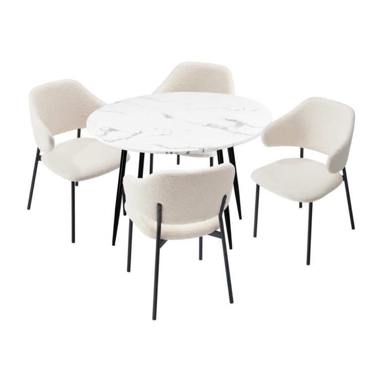 Oikiture White Round Dining Set with 4 Plush Sherpa Chairs