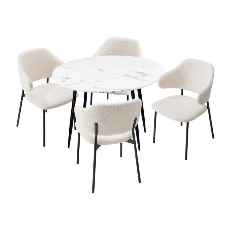 Oikiture White Round Dining Set with 4 Plush Sherpa Chairs