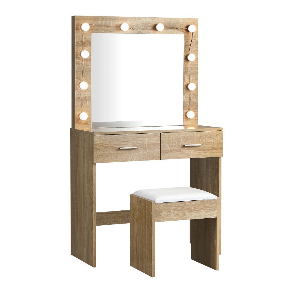 DT-ST-B17-WD-AB-01 Oikiture Dressing Table Stool Set Makeup Mirror 10 LED Bulbs Wooden - Image 1