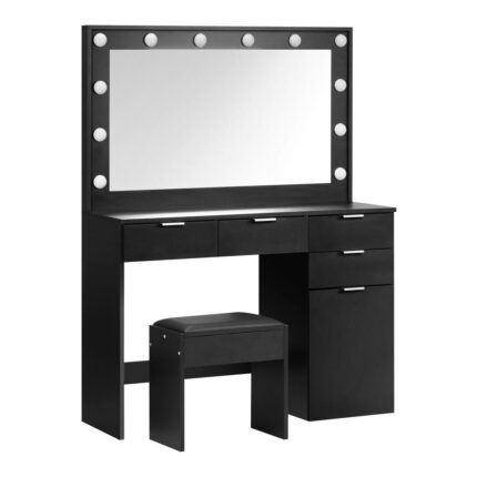 Oikiture Dressing Table Stool Set Large Mirror 12 Bulbs Black