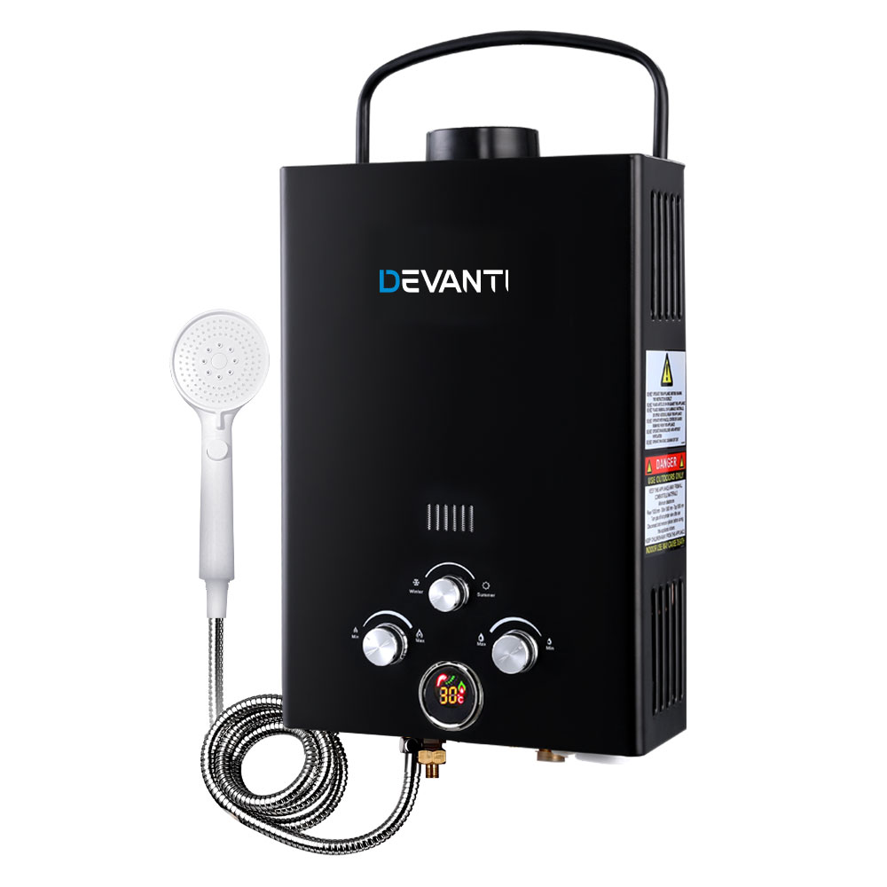 GWH-LPG-8L-SW-BK-DI-PUMP-00 Devanti Portable Gas Water Heater 8L/Min With Pump LPG System Black - Image 1
