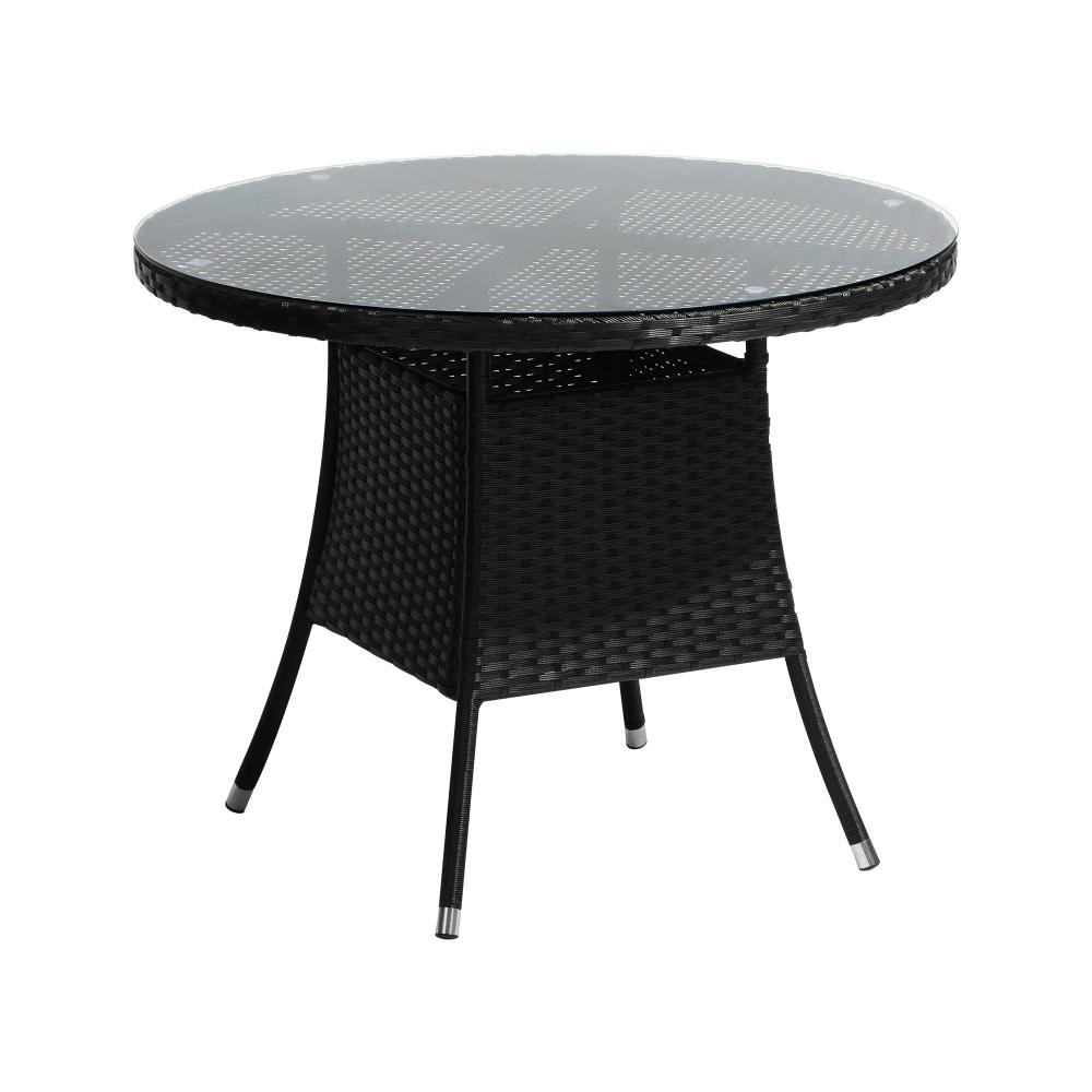 ODDS-RTN-TB90-BK-01 Livsip Outdoor Dining Table 90CM Glass Tabletop Black Rattan - Image 1