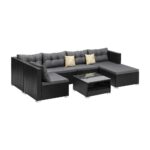 Livsip Outdoor Sofa Set 7pc Wicker Table and Lounge Black