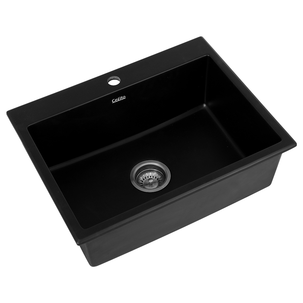 SINK-STONE-B-6147-67953-00 Cefito Kitchen Sink Granite Stone Sinks Basin Single Bowl Black 600mmx470mm - Image 1
