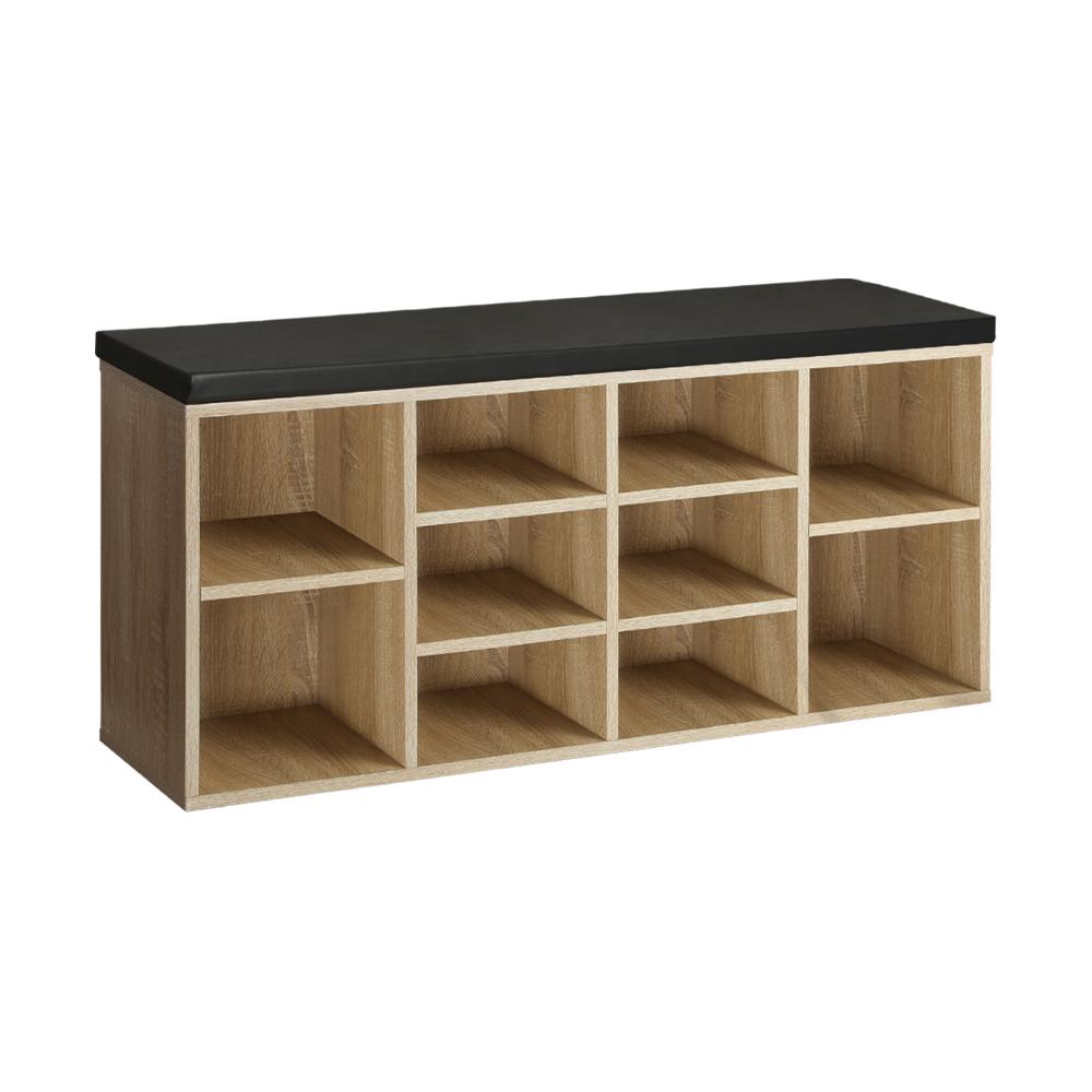 SS-BN-A38-104-WDBK-01 Oikiture Shoe Bench 105cm with Leather Seat Black&Wooden - Image 1