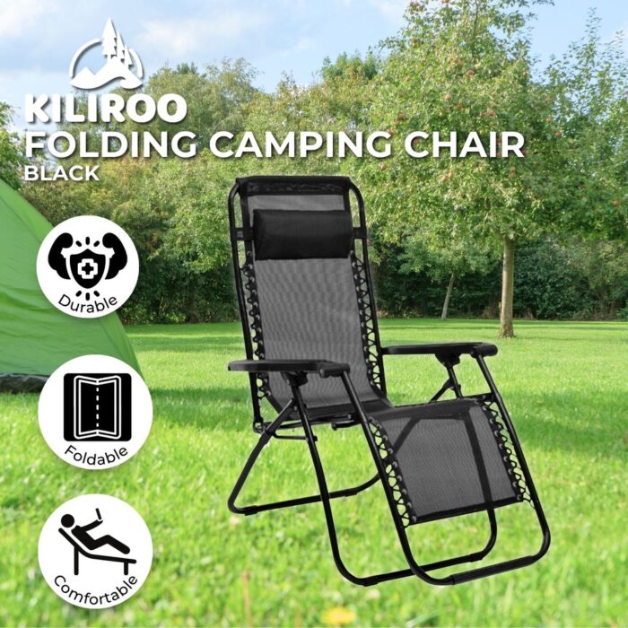 KILIROO Reclining Sun Beach Deck Lounge Chair Outdoor Folding Camp Rest Black - Image 2
