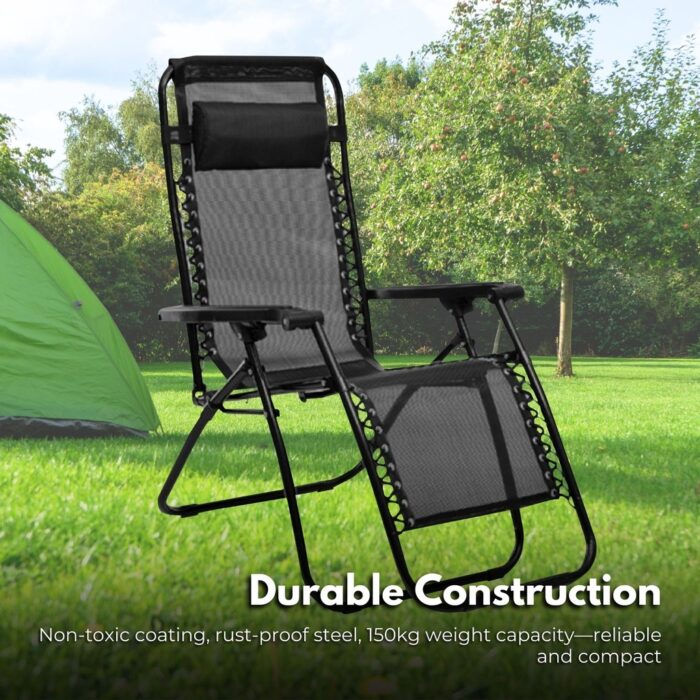 KILIROO Reclining Sun Beach Deck Lounge Chair Outdoor Folding Camp Rest Black - Image 3