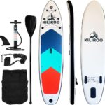 KILIROO Inflatable Stand Up Paddle Board Balanced SUP Portable Ultralight, 10.5 x 2.5 x 0.5 ft, with EVA Anti-Slip Pad Grey, Tiffany Blue & Red