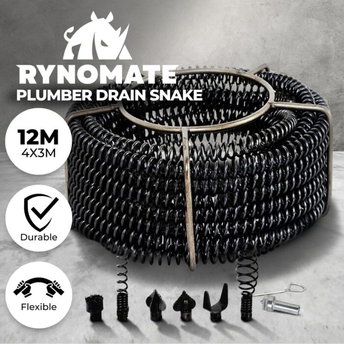 RYNOMATE Plumber Drain Snake Pipeline Sewer Cleaner with Drill Bit Tool (Black) - Image 2