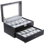 SONGMICS 20-Slot Watch Box with Glass Lid 2 Layers Black Synthetic Leather Gray Lining