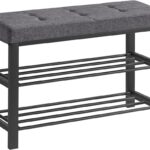 SONGMICS 3-Tier Metal Shoe Bench Storage Organizer with Foam Padded Seat Dark Grey and Black