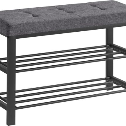 SONGMICS 3-Tier Metal Shoe Bench Storage Organizer with Foam Padded Seat Dark Grey and Black