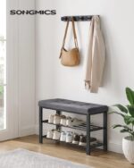SONGMICS 3-Tier Metal Shoe Bench Storage Organizer with Foam Padded Seat Dark Grey and Black - Image 2