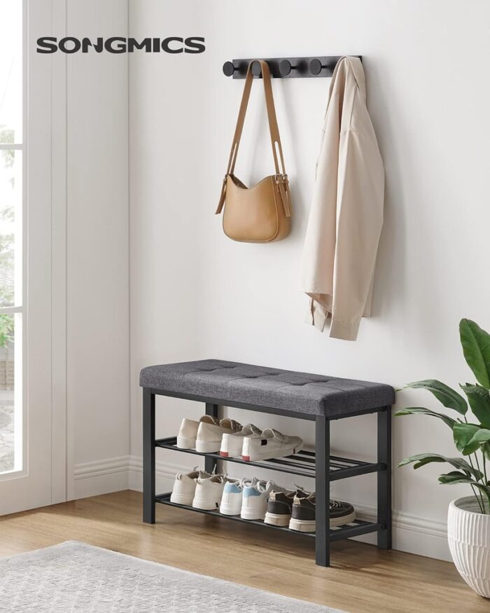 SONGMICS 3-Tier Metal Shoe Bench Storage Organizer with Foam Padded Seat Dark Grey and Black - Image 2
