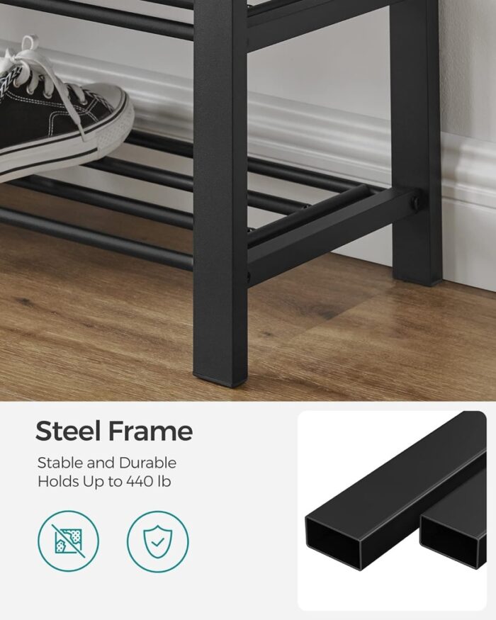 SONGMICS 3-Tier Metal Shoe Bench Storage Organizer with Foam Padded Seat Dark Grey and Black - Image 3