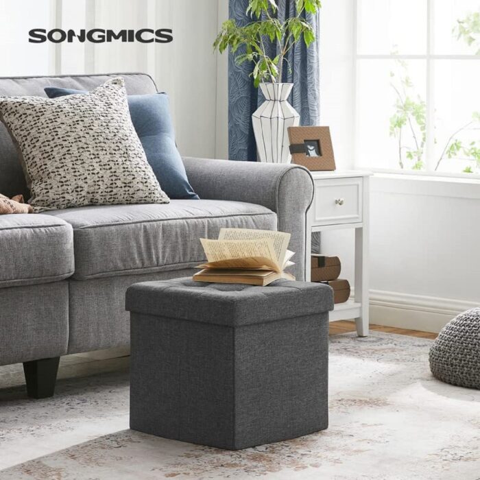 SONGMICS 38cm Folding Storage Ottoman Bench Foot Rest Stool Dark Gray - Image 2