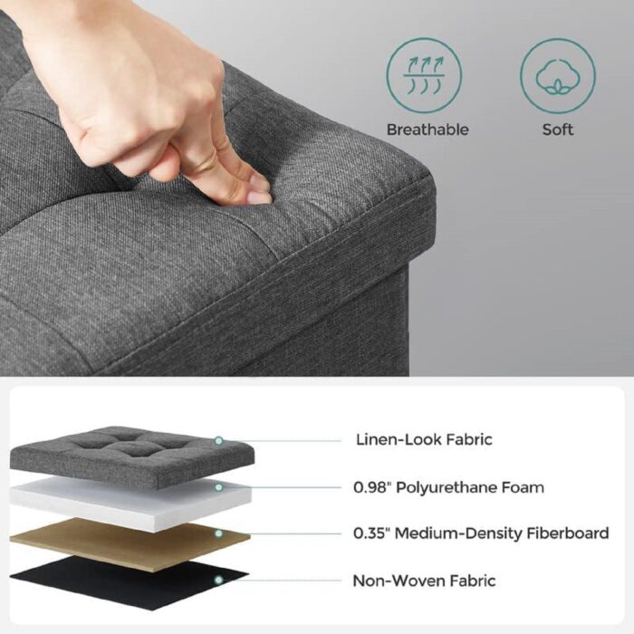 SONGMICS 38cm Folding Storage Ottoman Bench Foot Rest Stool Dark Gray - Image 3