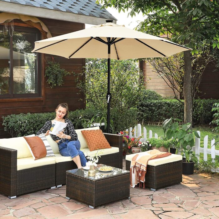 SONGMICS 3m Solar Patio Umbrella, Lighted Outdoor Beige - Image 2