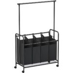 SONGMICS 4-Bag Laundry Sorter Rolling Cart with Hanging Bar Heavy-Duty Wheels Black