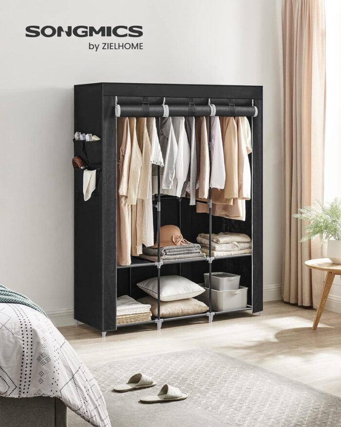 SONGMICS Clothes Wardrobe Portable Closet with Cover and 3 Hanging Rails Black RYG092B02 - Image 2