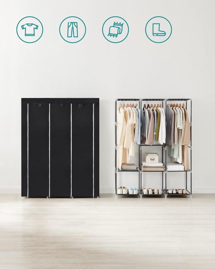 SONGMICS Clothes Wardrobe Portable Closet with Cover and 3 Hanging Rails Black RYG092B02 - Image 3