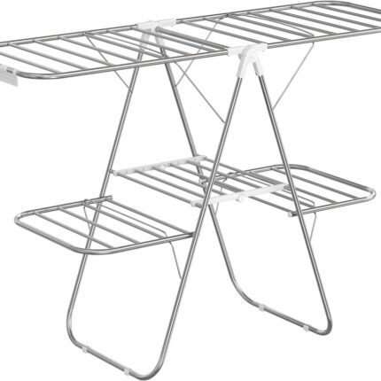 SONGMICS Foldable 2-Level Large Clothes Drying Rack with Adjustable Wings 33 Drying Rails and Clips Silver and White