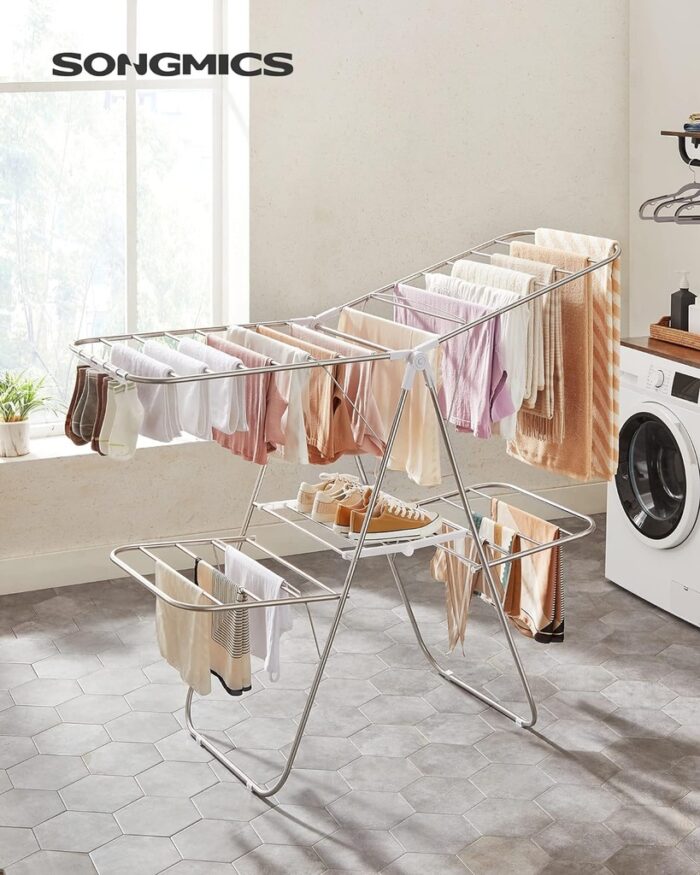 SONGMICS Foldable 2-Level Large Clothes Drying Rack with Adjustable Wings 33 Drying Rails and Clips Silver and White - Image 2