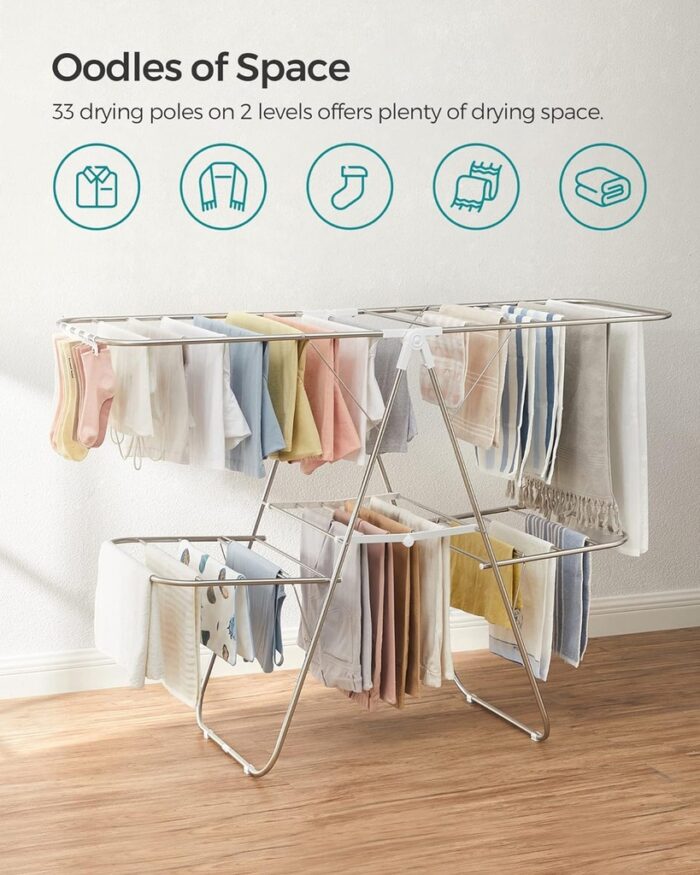 SONGMICS Foldable 2-Level Large Clothes Drying Rack with Adjustable Wings 33 Drying Rails and Clips Silver and White - Image 3