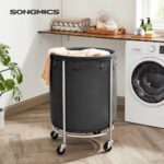 SONGMICS Laundry Basket with Wheels with Steel Frame and Removable Bag Black - Image 2