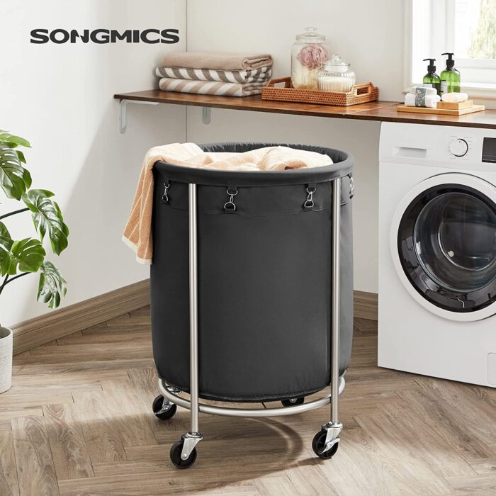 SONGMICS Laundry Basket with Wheels with Steel Frame and Removable Bag Black - Image 2