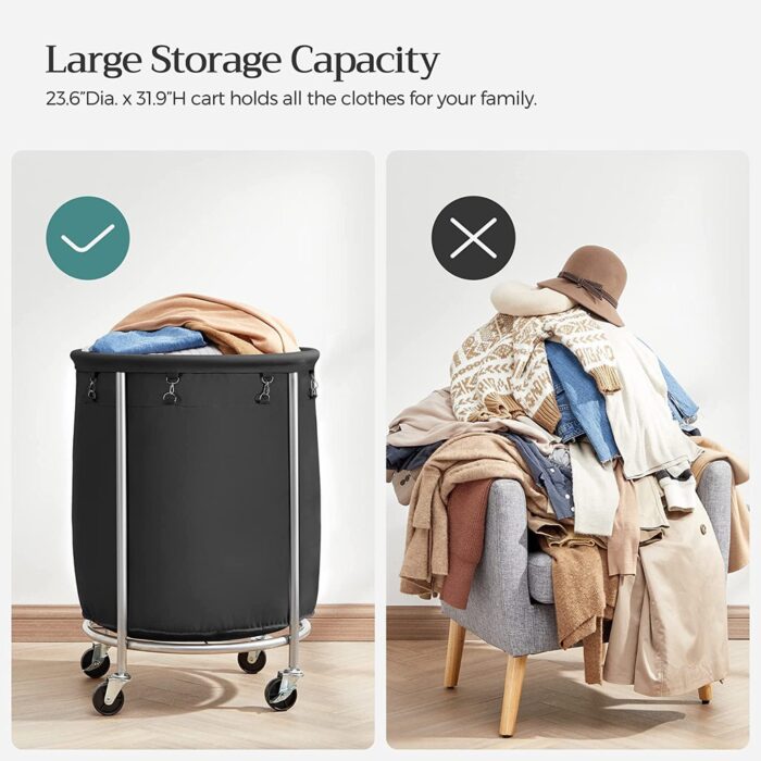 SONGMICS Laundry Basket with Wheels with Steel Frame and Removable Bag Black - Image 3