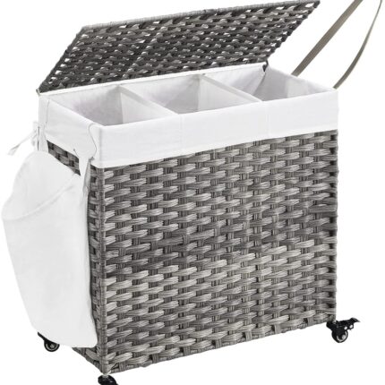 SONGMICS Laundry Hamper with Lid and Wheels 140L Grey
