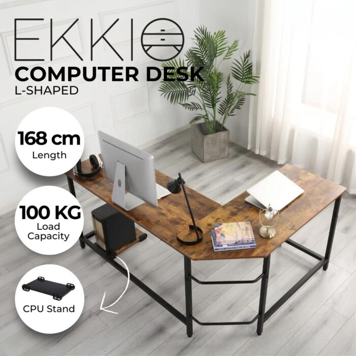 EKKIO L-Shaped Corner Computer Desk with CPU Stand (Brown) - Image 2