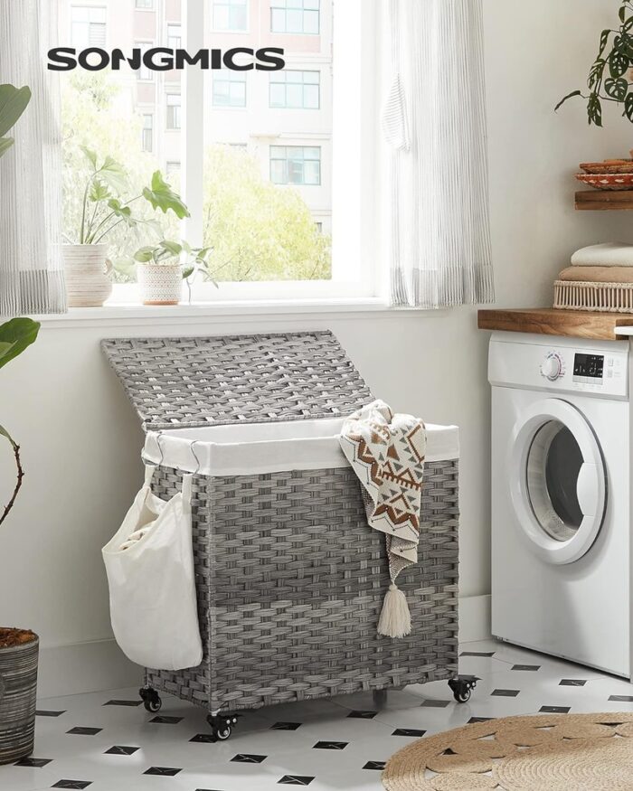 SONGMICS Laundry Hamper with Lid and Wheels 140L Grey - Image 2