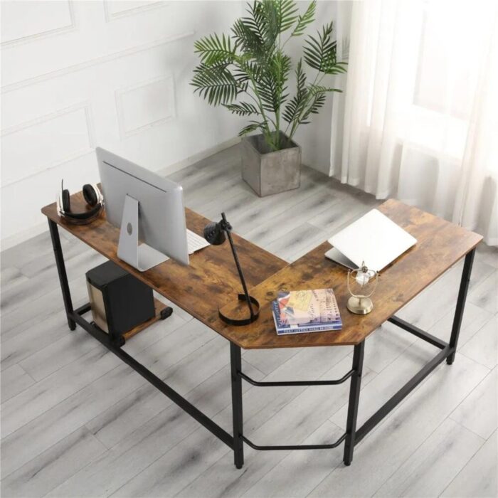 EKKIO L-Shaped Corner Computer Desk with CPU Stand (Brown) - Image 3