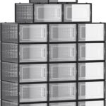 SONGMICS Pack of 18 Foldable and Stackable Shoe Boxes Fit up to AU Size 11 Transparent and Black