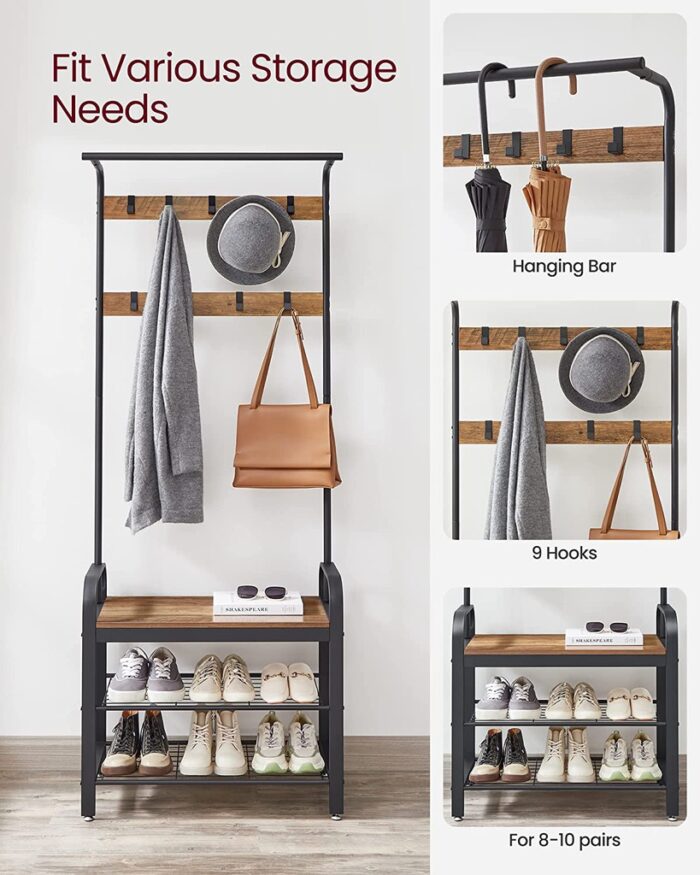 VASAGLE Coat Rack with Shoe Rack 183 cm Height Walnut Brown and Black - Image 2