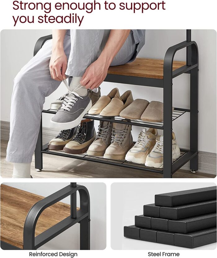 VASAGLE Coat Rack with Shoe Rack 183 cm Height Walnut Brown and Black - Image 3