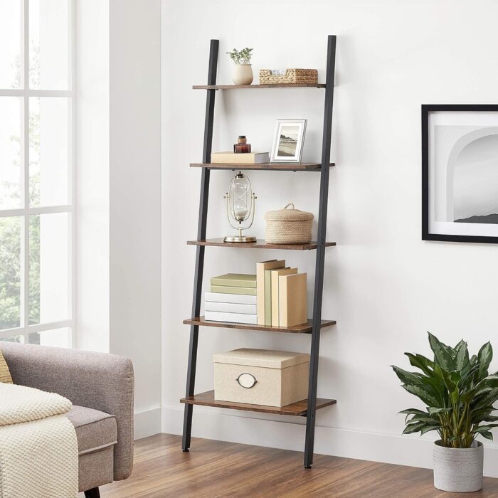VASAGLE Industrial Ladder Shelf 5-Tier Bookshelf Rack Wall Shelf Rustic Brown and Black - Image 2
