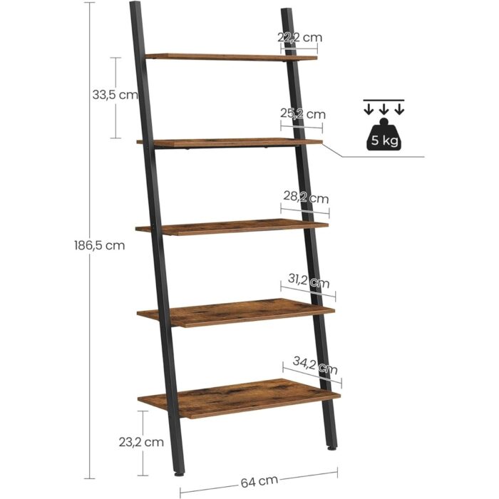 VASAGLE Industrial Ladder Shelf 5-Tier Bookshelf Rack Wall Shelf Rustic Brown and Black - Image 3