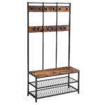 Vasagle Large Coat Rack Stand Coat Tree with 12 Hooks and Shoe Bench Brown and Black