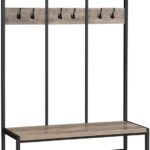 VASAGLE Large Coat Rack Stand with 12 Hooks and Shoe Bench Greige and Black